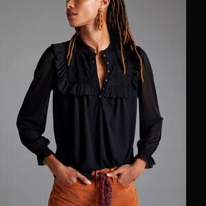 NWT Anthropologie Ruffled Lace Black Blouse - XL